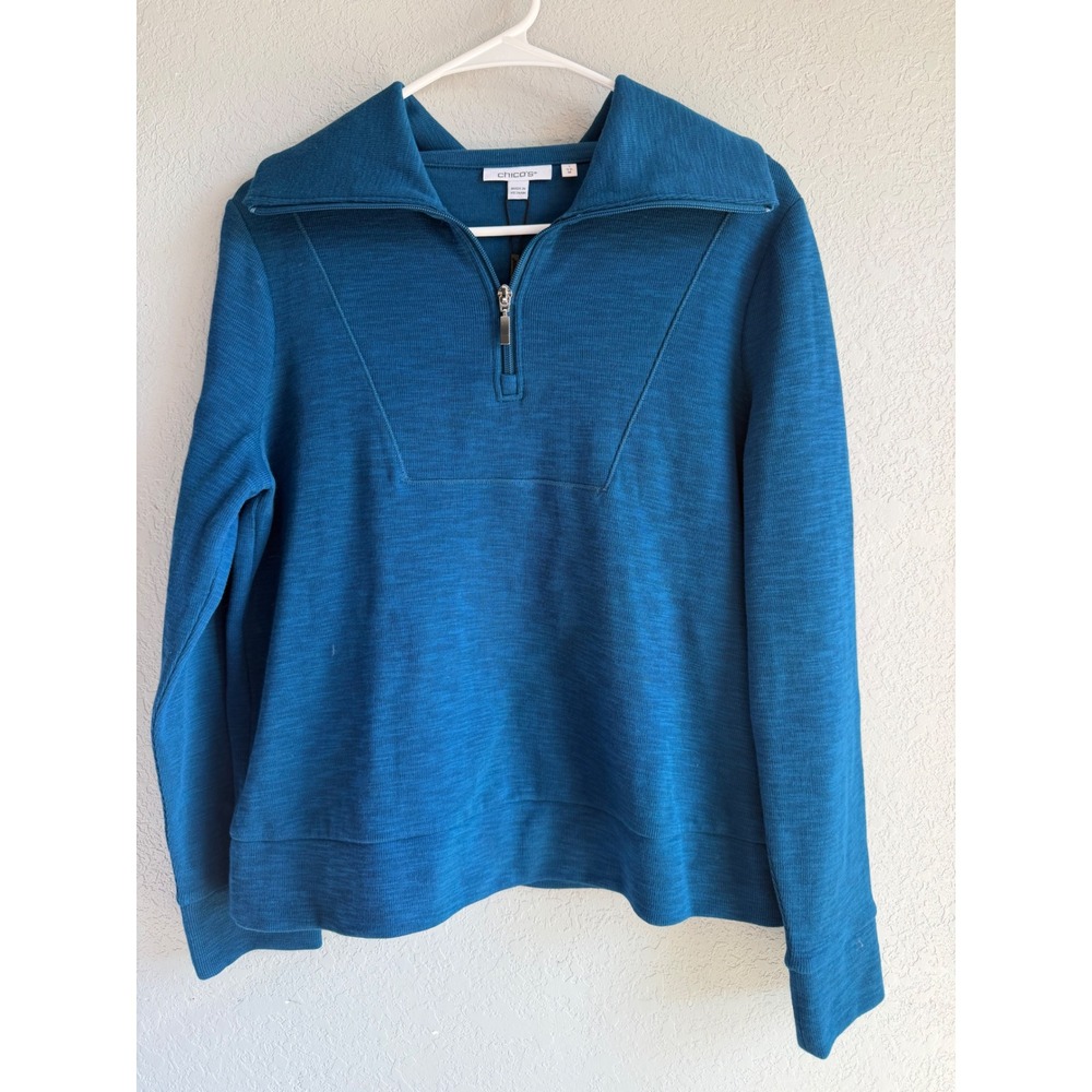 Chicos Zenergy Beach Slub Half Zip Top Seaport Teal Blue Size 1 M 570383010 NWT